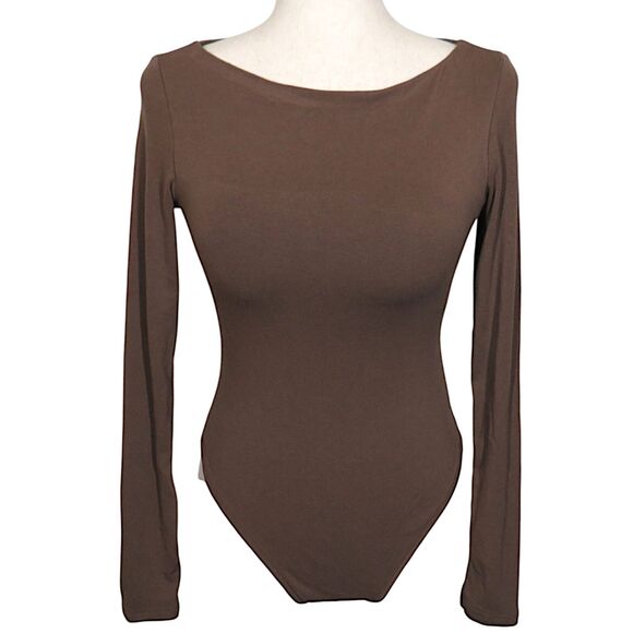 OGL Brown Soft Stretchy Long Sleeve Thong Padded Brami Bodysuit Size Small - Picture 1 of 7